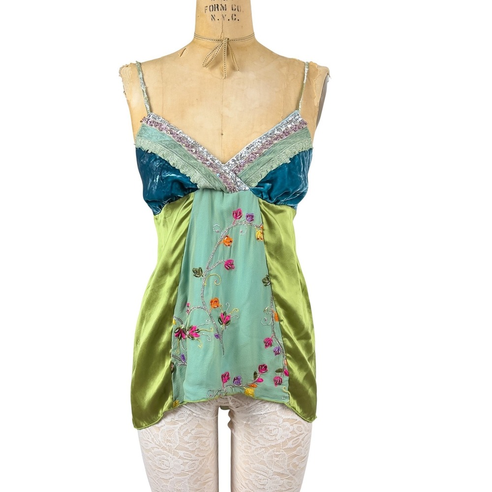 Silk Sequin Velvet Trim Cami Ethereal Flowy Handkerchief Hem Hale Bob Fairy Top